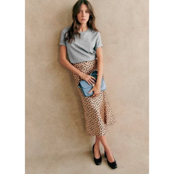 NWT Sezane Sandy in Leopard Spotted Satin A-line Midi Skirt 38 / 6 - Picture 2 of 6